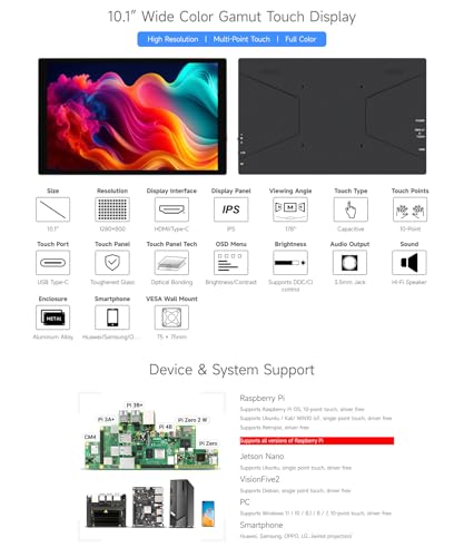 Image of waveshare 10.1inch Capacitive Touch Display, 1280x800 Resolution, Compatible with Raspberry Pi 5 /4B /3B /Zero /Zero W /Zero 2W /Pico /Pico W /Pico WH, Support Jetson Nano, VisionFive2, PC and Smartphone