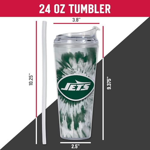 Image of Rico Industries NFL Football New York Jets Metallic Tie Dye 24oz Metallic Acrylic Tumbler with Hinged Lid, Officially Licensed Double Wall Tumbler with Straw