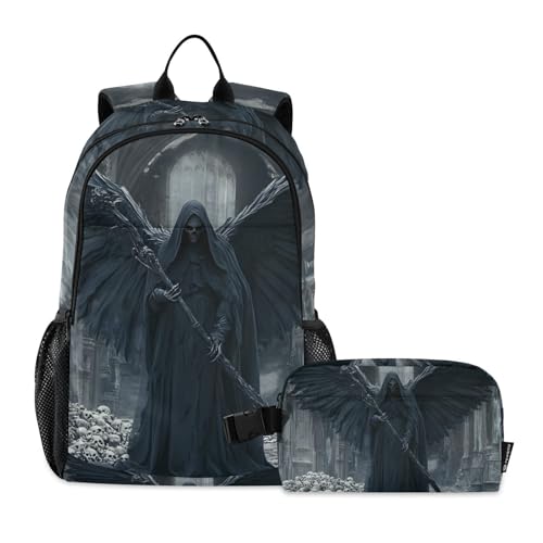 Travel Backpack Lunch Bag Set for Hiking Picnic, Backpacks with Insulated Lunch Box Grim Black Print