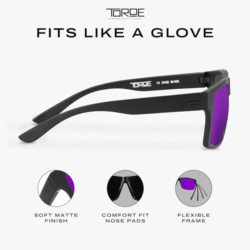 Image of TOROE TR90 Square Frame Grade A Polarized Black Emblem Sunglasses with Anti Reflective Water Repellent Polycarbonate Lenses (Matte Black Frame, Purple Mirror (Category 3))
