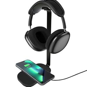Headphone Stand with 15W Qi Wireless Charging Base, 2 in 1 Universal Gaming Headset Holder with Protective Silicone Pad, Heavy Base Desk Stand for All Headphones, Black