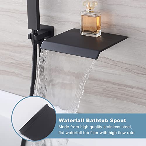 Set de grifería para bañera Waterfall con pulverizador, caño de pared y ducha de mano en negro mate miniatura 4