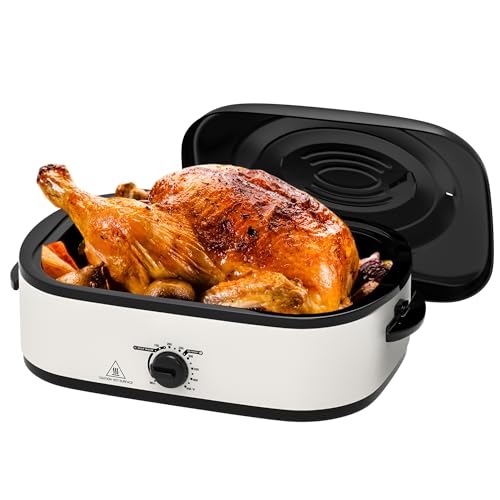 Image of 14 Quart Electric Roaster Oven, Turkey Roaster Electric, Roaster Oven Buffet, Selfbasting Lid, Removable Pan, Full-Range Temperature Control Cool-Touch Handles, White Body, Black Lid