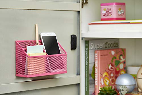 LockerMate Magnetic Pencil Holder, Locker Organizer with 3 Mesh Storage Compartments, Pink