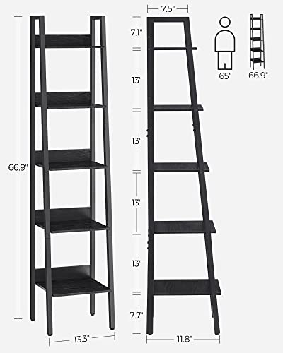 Image of VASAGLE Bookshelf, 5-Tier Narrow Book Shelf, 11.8 x 13.3 x 66.9 Inches, Ladder Shelf for Home Office, Living Room, Bedroom, Kitchen, Ebony Black and Ink Black ULLS109B56