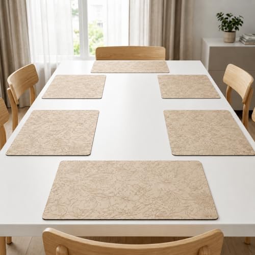 Image of Yelona Premium Faux Leather Placemat Set of 6 | Printed Floral Design, Waterproof & Heat Resistant Table Mat | Non-Slip, Washable for Dining, Kitchen & Home Decor (Beige, 43 x 30 cm)