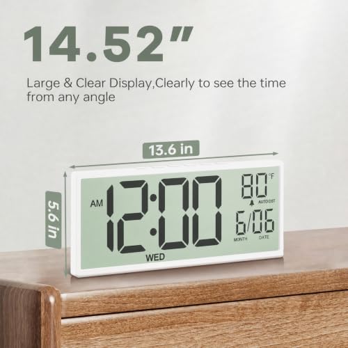Image of JALL Large Digital Wall Clock Battery Operated, Wall Clock with Big Numbers LCD Display, Digital Clock with Simultaneous Date Day Temperature, Auto DST, Clocks for Office, Gym, Bedroom, Elderly- White