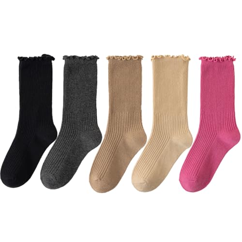 5 Pairs Kid Girls Ruffle Crew Socks Casual Comfy School Uniform Ankle Socks Cute Lightweifht Frilly Dress Socks