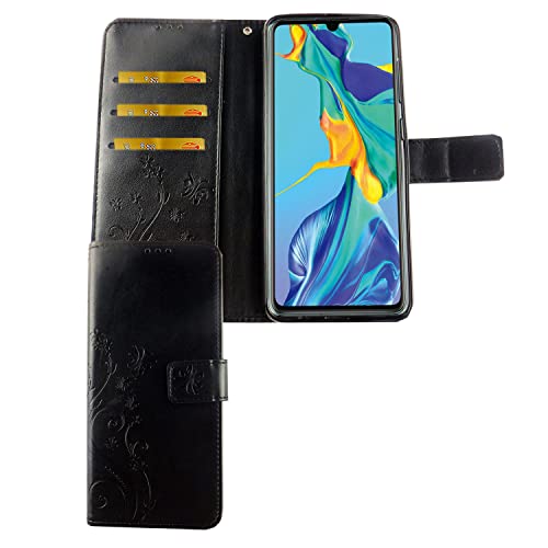 Coque Huawei P30 clapet cuir synthétique noir avec motif fleurs