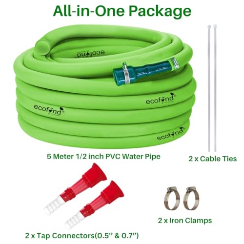 Image of ecofynd 5 Meter /16 Feet, 1 /2 Inch Flexible PVC Green Water Pipe, Heavy Duty Long Pipes with Tap Hose Connectors, Home Garden, Car Wash, Floor Clean, Park Cleaning, Outdoor Indoor Use