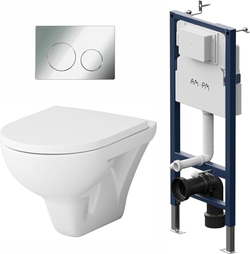 Pack WC suspendu Kit complet Élément mural avec plaque de déclenchement II90151 + WC suspendu Hit CTA1700SC sans bord + abattant WC avec système d'abaissement...