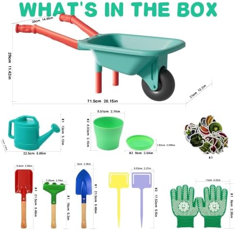 Kids Gardening Set with Wheelbarrow, Real Metal Tools for Outdoor Play - 1
