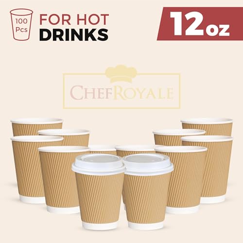 CHEF ROYALE 100 x 12oz Disposable Coffee Cups with Lids - Takeaway Paper Cups for Hot & Cold Drinks - Kraft Triple Walled Disposable Paper Cups - Takeaway Cups