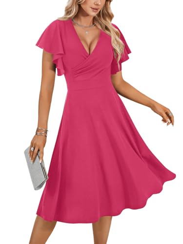 Image of LYANER Women's Warp V Neck Ruffle Short Sleeve A Line Swing Flared Cocktail Party Midi Dress