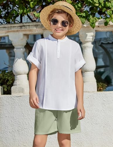 Image of Arshiner Boy's 2 Pieces Linen Sets Short Sleeve Henley Shirt and Shorts Summer Beach Matching Outfits 4-12 Years