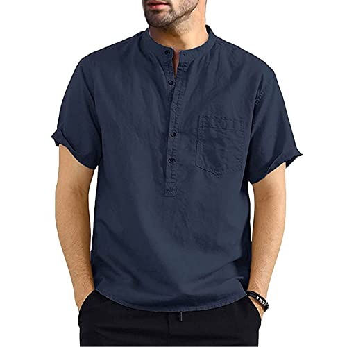 Voqeen Camisa Henley de Lino y Algodón para Hombre, Camisetas de Playa Informales Hippie de Manga Corta con Cuello de Banda de Bolsillo Tops con Cierre de Botón