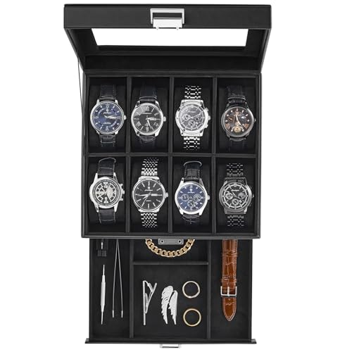 ProCase Uhrenbox mit 8 Fächern, 2 Ebenen Uhrenkasten mit Glasdeckel, Uhrenkoffer mit herausnehmbaren Uhrenkissen, Uhrenschatulle für Schmuck-...