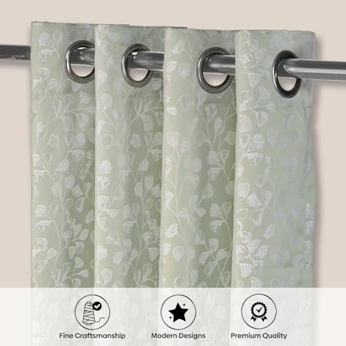 Image of haus & kinder Printed Jacquard Window Curtains 5 Feet Long Pack of 2 Window Curtains, 5 Feet Curtains for Window (Gingko Serenity, Seledon Nature 130x152 CM)