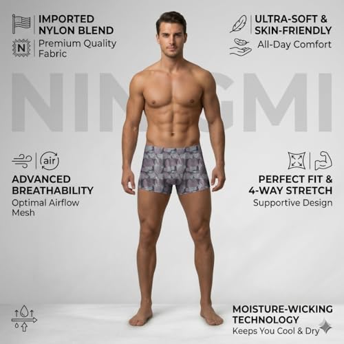 Image of NINGMI Men's Ultra-Soft Printed Trunk Briefs - Premium Imported Nylon Blend, Breathable & Moisture-Wicking Underwear, Tag-Free Comfort with 4-Way Stretch