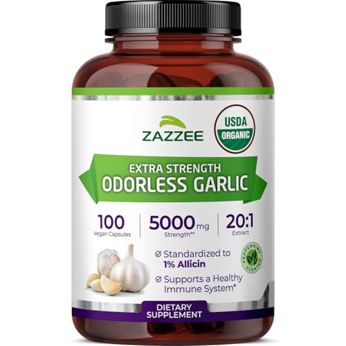 Zazzee USDA Organic Odorless Garlic 20:1 Extract, 1% Allicin, 100 Vegan Capsules, 3+ Month Supply, Allium Sativum, Immune, Circulation & Heart Health Support, All-Natural, Non-GMO, Made in the USA