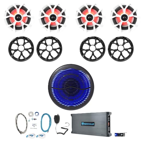 Rockville RKL65MBW Bundle: (4) 6.5-in 700-Watt Marine LED Speakers MS10LB 10-in Free-Air Subwoofer DBM50 5-Channel Marine Amplifier RMWK4 4-Gauge Wiring Kit (2) MRCA25 25 ft RCA Cables 9-Items