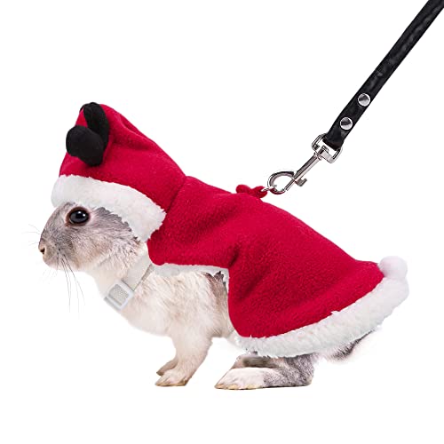 Image of Christmas Rabbit Harness and Leash Set Winter Warm Fleece Bunny Clothes Small Animal Elk Costume Cute Hoodie Outfit for Ferret Rat Party Clothes(Red /S)