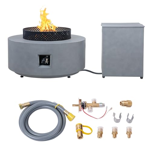 Image of Natural Gas Fire Pit Table 32 Inch Outdoor Propane Fire Pit Table | 4-Piece 65,000 BTU Round Gas Firepit, Wind Guard, Tank Cover and BBQ Grill for Garden, Patio, Grey