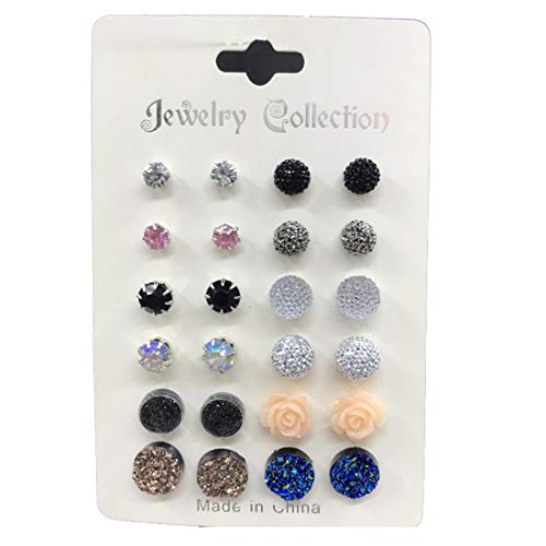 UINKE 12 Pairs Elegant Rhinestones Crystal Ball Stud Earrings Set Rose Flower Disco Ball Pave Bead Earrings for Teen Girls Women