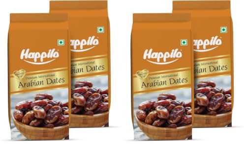Image of Happilo Premium Arabian Dates Pouch 500 g (Pack of 4) | Arab Khajur or Khajoor | 100% Naturally Dried | No added Preservatives | Vitamins & Minerals Rich | Soft Chewy Texture & Sweet Caramel Taste