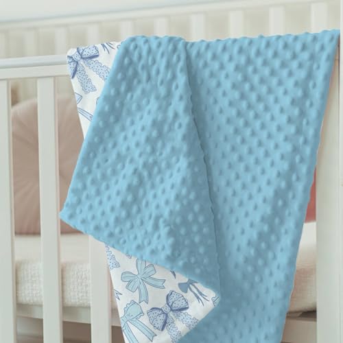 Image of Blue Baby Blankets for Boys 30 inch x 40 inch, Soft Double Layer Minky Blanket with Dotted Fleece Back, Nursery Bed Receiving Quilt for Newborn Infant Toddler Shower Gift Bow Ribbon Theme