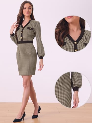 Allegra K Houndstooth Bodycon Dress for Women's V Neck Long Sleeve Pencil Sheath Dresses2