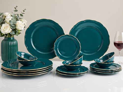 Image of Bodhi House 18-Piece Gold Rim Porcelain Dinner Set | Plates & Bowls Set | Lightweight, Chip Resistant, | Dishwasher Safe | Ideal for Home Dining Gifting Tableware Set | Teal