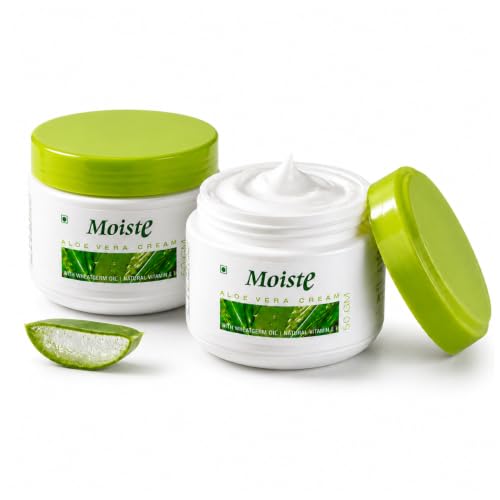 Image of Moiste Aloe Vera Moisturizer Cream For Face Women | Oily Skin, Dry Skin Moisturiser with Vitamin E, Tea Tree OIl & Wheat Germ Oil - 100g (Pack of 2)