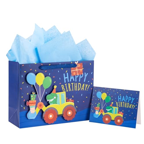 Loveinside Bolsa de regalo de cumpleaños, diseño tridimensional colorido de camión y dinosaurio con papel de seda, tarjeta de felicitación y etiqueta para cumpleaños de niños, fiesta y baby shower, 13