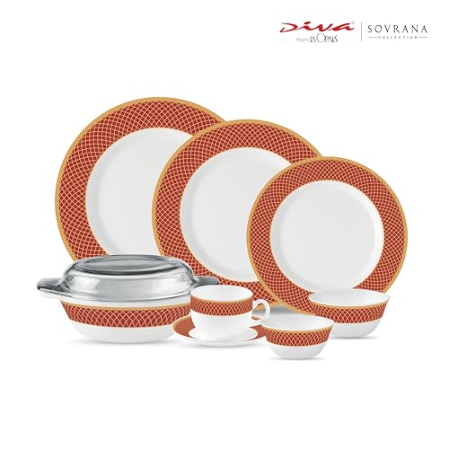 Image of La Opala Diva Sovrana Collection Opal Glass Crockery | for Family of 8 | Dinner Set 62 pcs Regent Red | Plates & Bowls for Dining | Microwave Safe | 100% Vegetarian | Extra Strong | Light & White