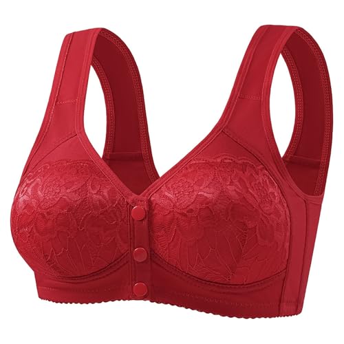 Sujetador sin aros para mujer algodón Bra con cierre frontal acolchado sujetador embarazo básico Brassiere sin hilos encaje busto con tirantes anchos Base Top Seamless, rojo, 32