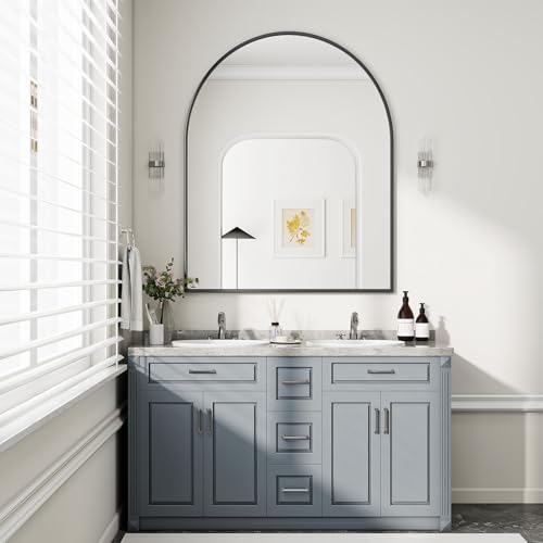 Image of BEAUTYPEAK 36 inchx48 inch Arch Bathroom Mirror, Wall Mounted Vanity Metal Frame Mirror for Bedroom, Entryway, Living Room, Black