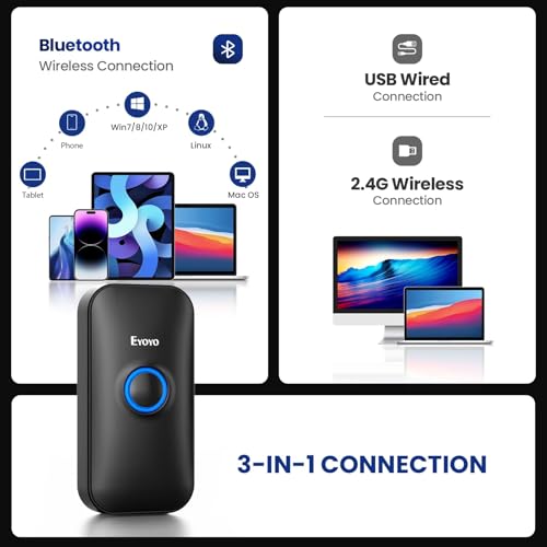 Image of Eyoyo Mini 1D Bluetooth Barcode Scanner, 3-in-1 Bluetooth & USB Wired & 2.4G Wireless Barcode Reader Portable Bar Code Scanning Work with Windows, Android, iOS, Tablets or Computers