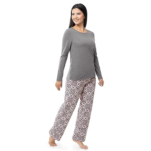 Fruit of the Loom Women's Sueded Jersey Crew Top and Fleece Pant Sleep Set, Heather Grey/Snowflake, Large