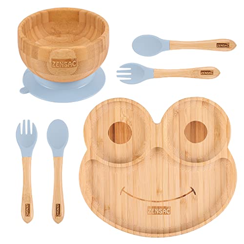 Image of 6PCS Bamboo Baby Feeding Set, Baby Suction Bowl & Plate with Silicone Spoons & Forks, Wooden Feeding Supplies for Infant & Toddlers, Baby Led Weaning Supplies Non Slip & BPA Free (Blue-Frog)