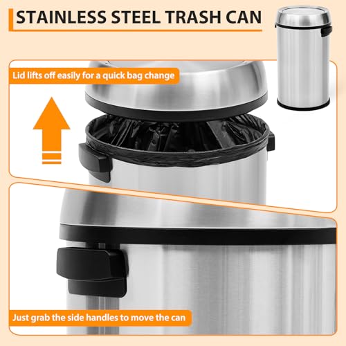 Image of 65L /17 Gal Commercial Trash Can, Round Open Top Trash Can, Large Capacity Waste Bin for Indoor /Outdoor Businesses Use, Stainless Steel Garbage Bin for Home Office Cafes Shopping Mall, Silver