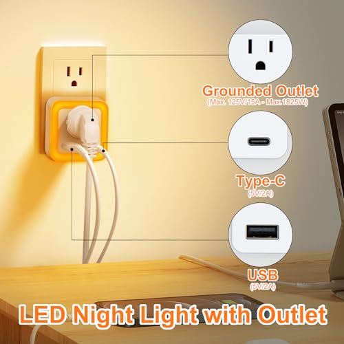 Image of JackonLux Night Lights Plug Into Wall 2 Pack Rechargeable Battery Backup Light Dusk to Dawn Sensor Night Light with Outlet Expander for Adults Kids Bedroom, Kitchen, and Bathroom (2, Amber, 2000K)