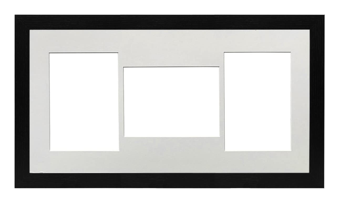 Black Frame 20x10' Multi Aperture Picture Frame with White Mount to fit (3x) 7x5' Photos with Perspex Sheet - Wall Mountable Landscape or Portrait