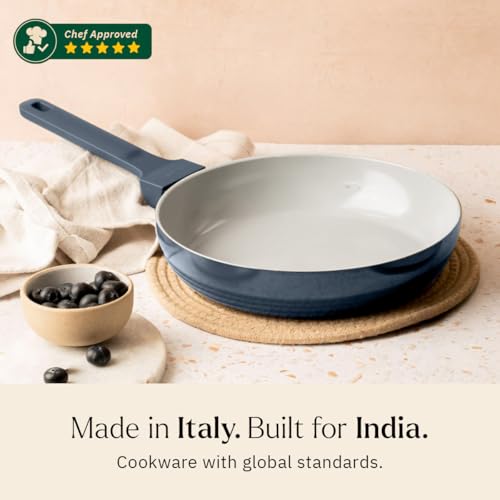 Image of Ember Cookware Arcilla Ceramic Non Stick Cookware Set of 2 | Frying Pan 24 cm & Kadai 2.6 Litre with Metallic Lid | 75% Less Oil | ISI Certified | Non Toxic Ceramic Cookware | Gift Set of 2 | Blue