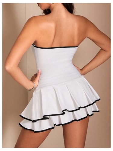 Image of Floerns Women's Contrast Binding Tube Tops Dress Pleated Tiered Party A Line Dresses