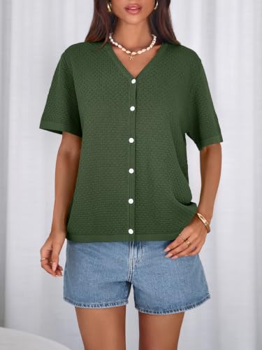 Image of NALANISA Women's Short Sleeve Sweater Spring Summer Crochet Knit Tops 2026 V Neck Striped Button Down Dressy Casual Blouses