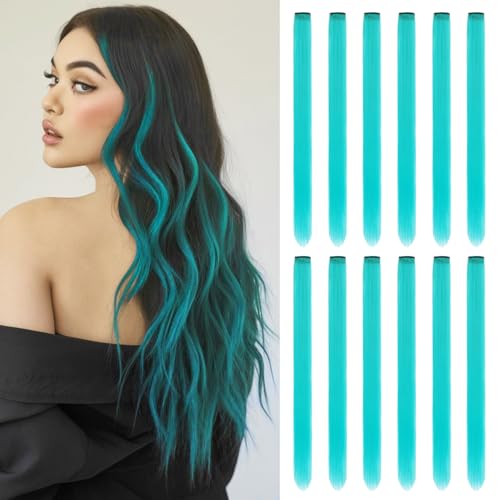 Leeven 22 Inch Teal Blue Colored Hair Extensions Clip in 12PCS Straight Clip on Synthetic Hairpieces Colorful Party Highlights Hair Accessories Cosplay Christmas for Women