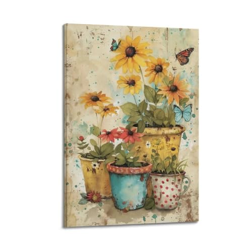 Toile aquarelle trois fleurs en pot résolvant les murs vides