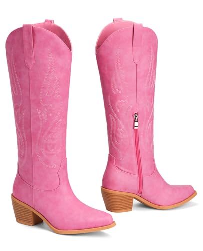 Image of Pasuot Western Cowboy Boots for Women - Knee High Wide Calf Cowgirl Boots, Slip On Pointed Toe Chunky Heel Fashion Retro Classic Pull On Tall Boot for ladies Party concert
