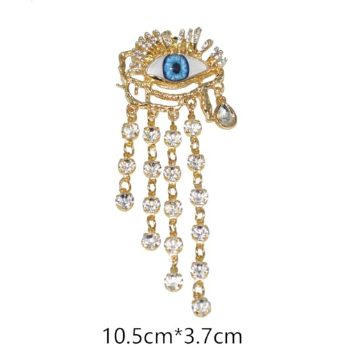 Image of Evil Eye Tassel Lapel Brooch Pin Golden Plated Crystal Lucky Blue Eyes Rhinestone Waterdrop Brooches Pins for Women Girls Dainty Jewelry Gifts for Dress Suit Hat Backpack Clothing Accessories